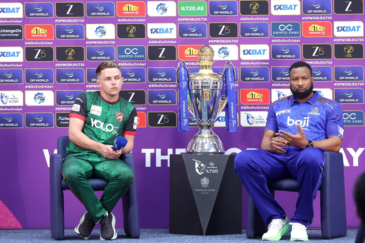 Sam Curran and Kieron Pollard with the ILT20 trophy ahead of the 2025 edition final. Photo by ILT20